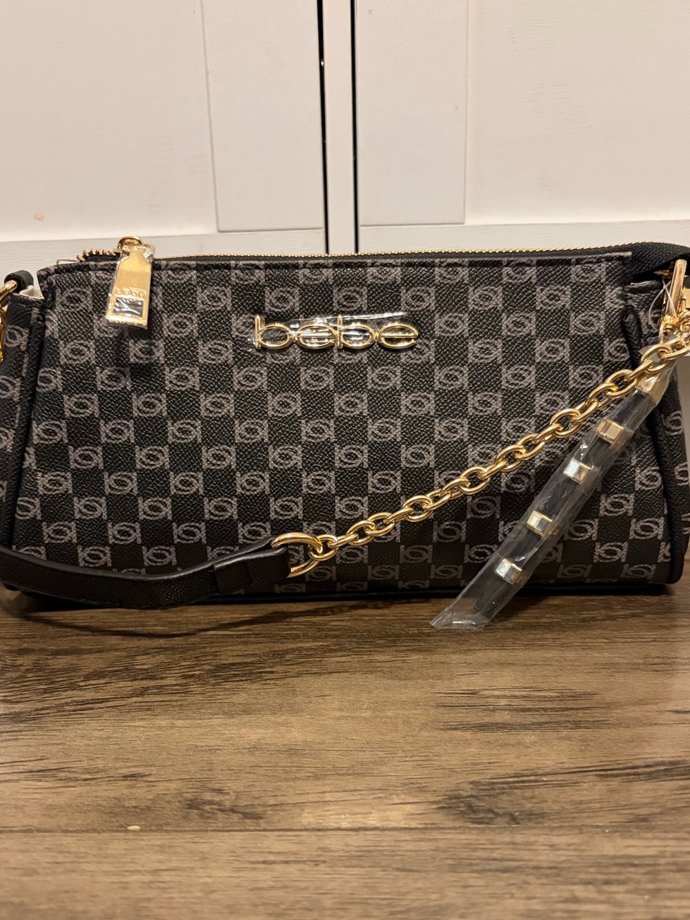 bebe Black Logo-Print Shoulder Bag with Gold Chain